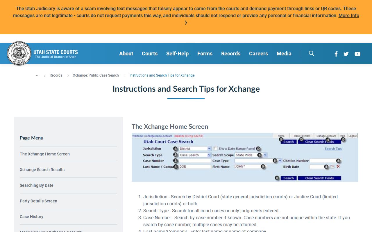 Duchesne County court case lookup search fields and results