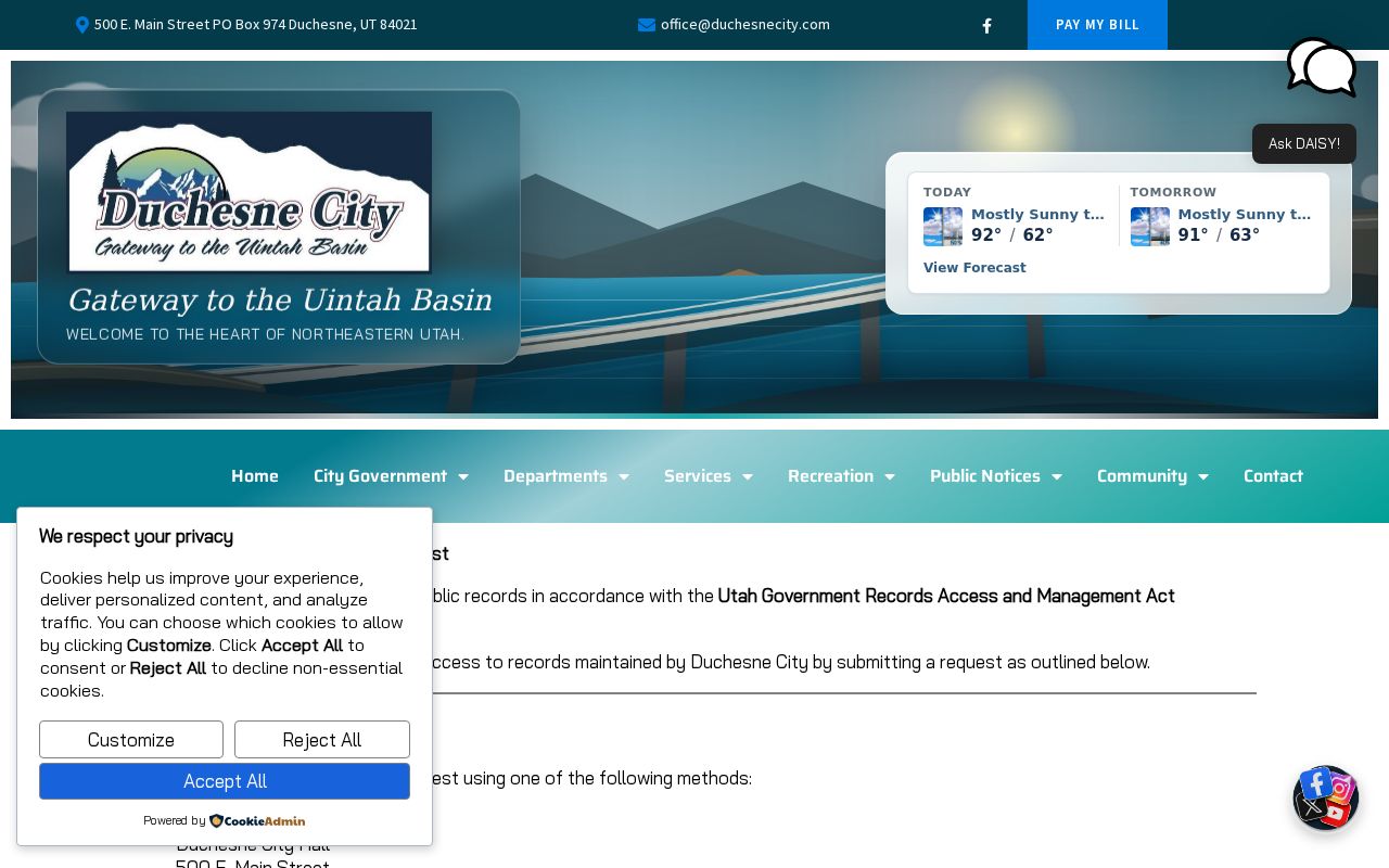 Duchesne City criminal record request instructions under GRAMA