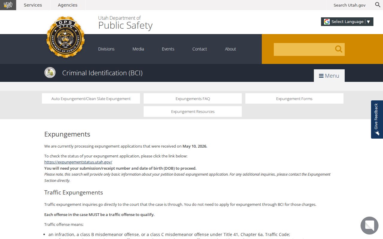 Duchesne County criminal history Utah BCI expungement process