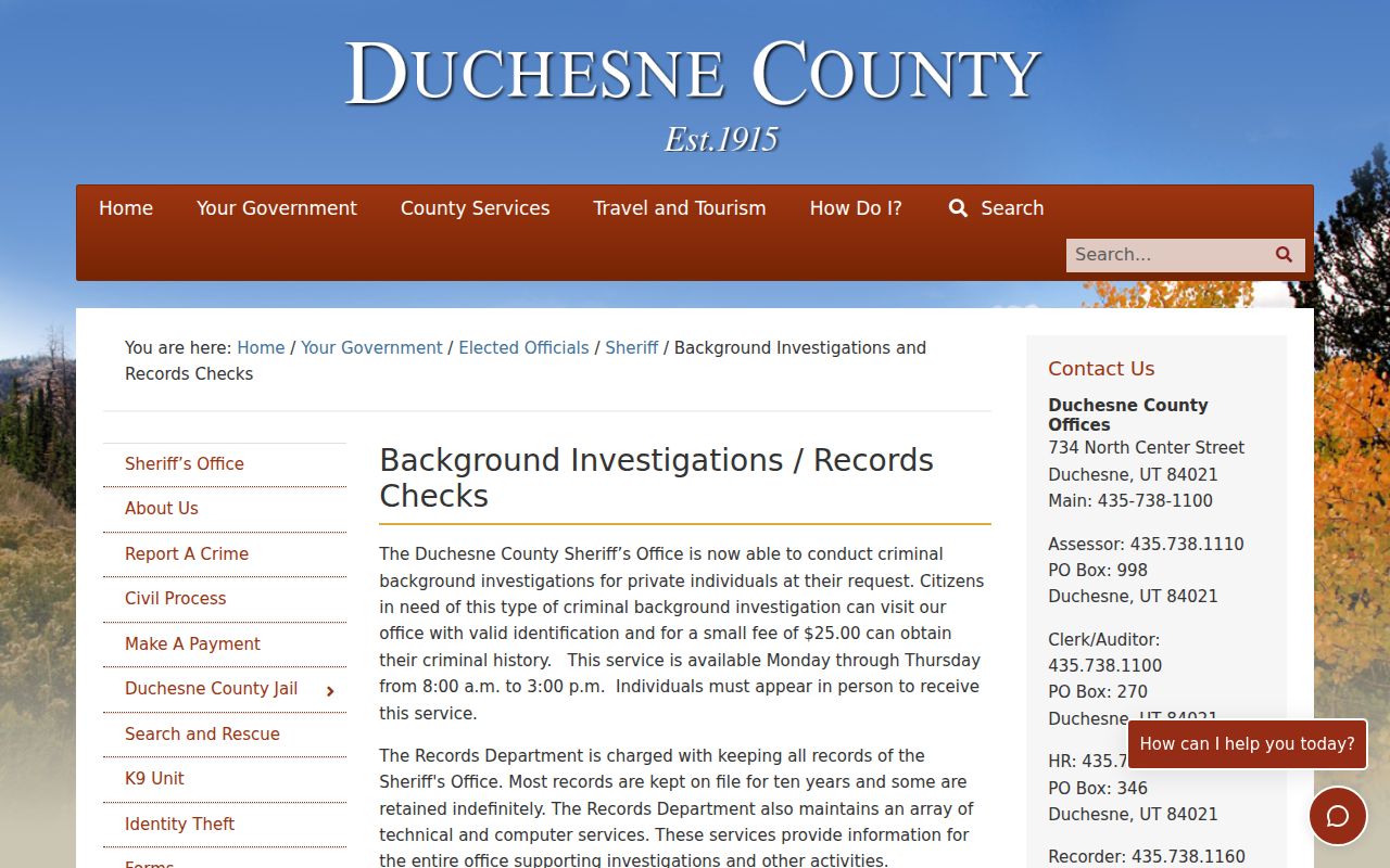 Duchesne County criminal history local sheriff check instructions
